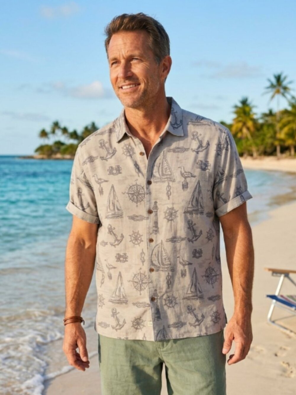 Quiksilver Waterman Men's XL Shirt Nautical Sailor Boat Anchor 86% Modal Grey